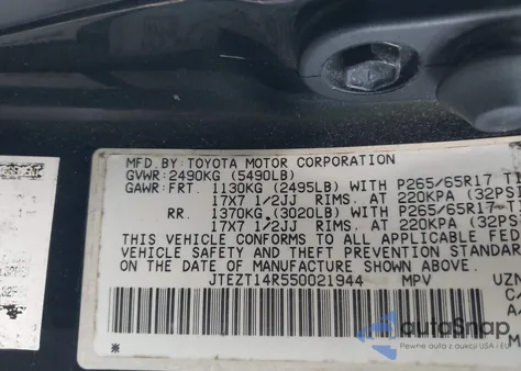 2005 Toyota 4Runner Sr5 V8 из США, поврежденный, VIN JTEZT14R550021944